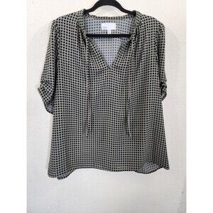 Nordstrom Rack Womens 1X Blouse Green Geometric V-Neck Tie